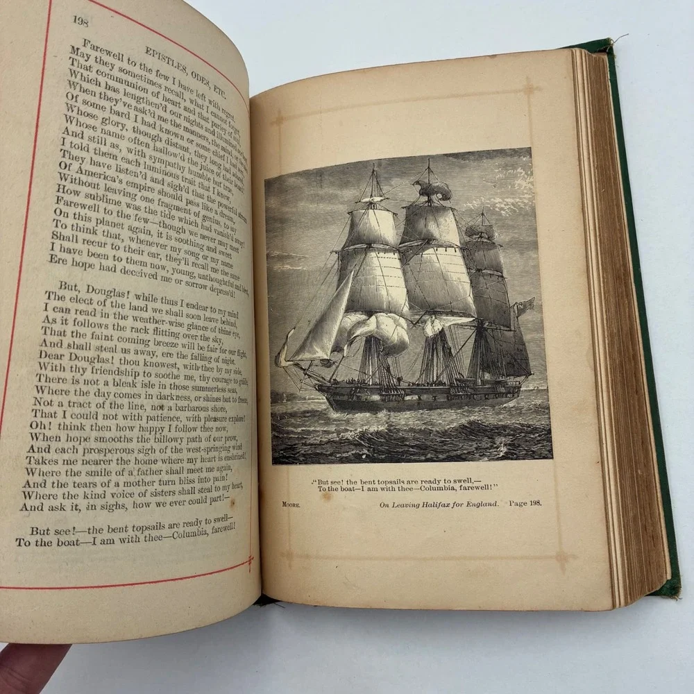 The Poetical Works of Thomas Moore Antique Illustrated Green Gilt Hardcover Book